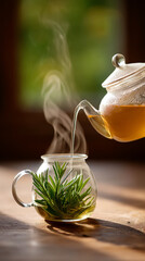 Fresh herbs infusing in simmering teapot with aromatic steam