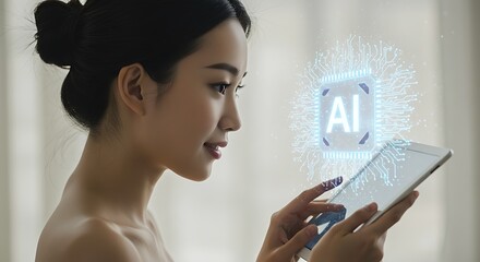 A woman interacts with artificial intelligence technology using a digital tablet. 