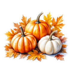 Ripe pumpkin and autumn leaves. Watercolor digital illustration. cozy composition of vegetables and foliage, isolated on a white background