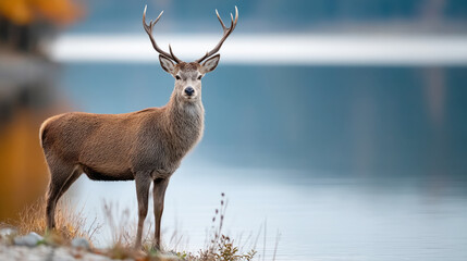 Majestic stag standing by twilight lake edge in autumn calm