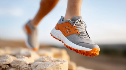 Dynamic side jump in athletic sneakers on rocky terrain for fitness and adventure concepts