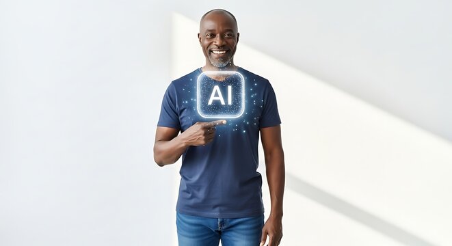 An African American man points to an AI symbol. 