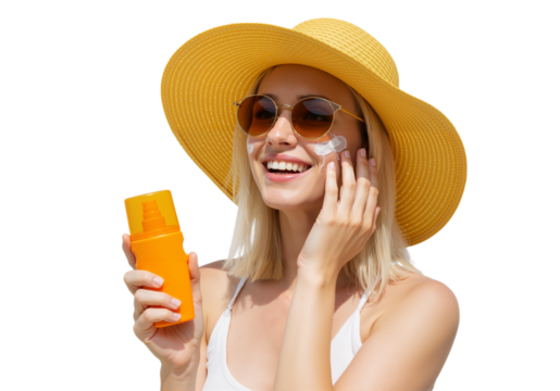 Sunscreen Ritual: Capturing a sun-kissed individual applying sunscreen with a radiant smile, shielded by a sunhat, embodying sun safety, healthy skin and summer fun. - Powered by Adobe