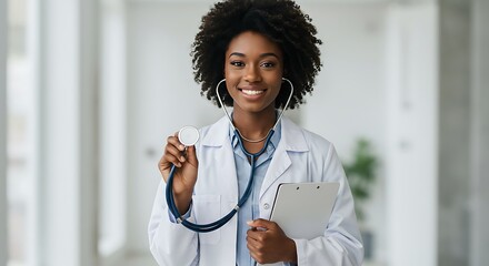 A confident doctor ready to provide assistance, holding a stethoscope. 