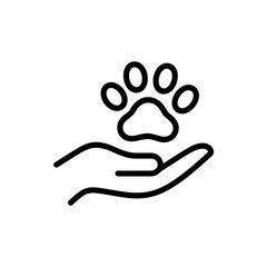 Simple line art icon of a hand holding a paw print symbolizing animal care and protection