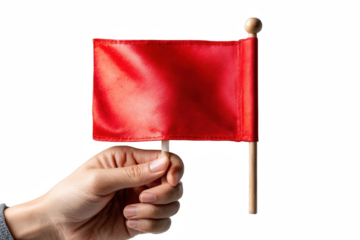 Hand Holding Small Red Flag, Blank, Wooden Stick, White Background