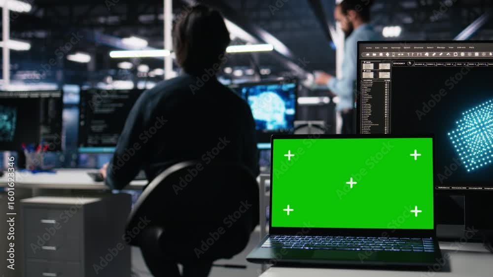 Poster close up of isolated screen laptop in data center used by programmer managing ai systems for uptime 