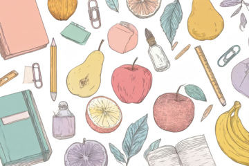 Back to School Fruit and Stationery Seamless Pattern