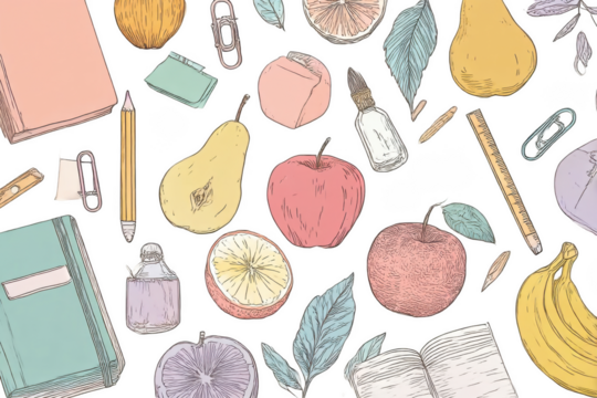 Back to School Fruit and Stationery Seamless Pattern - Powered by Adobe