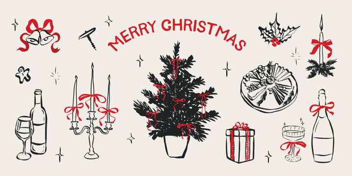 Whimsical chalk doodles of Christmas party. Quirky icons of breakfast and dinner meals in crayon style. Crayon drawing for menus and invitations. La dolce vita italian vector illustration