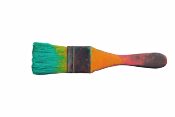 Artistic close up showcasing a vibrant, teal-colored paintbrush with an old, textured handle, presented on transparent background