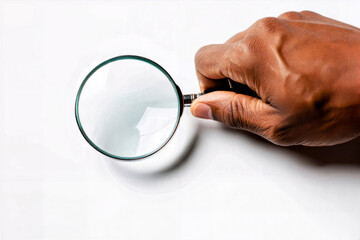 Close-up of a Black hand holding a magnifying glass on white background