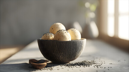 Black sesame ice cream scoops in a textured ceramic bowl