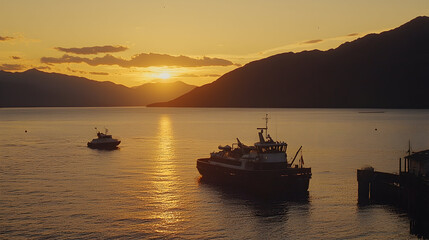 Naklejka premium Sunset ferry arriving at harbor, mountains in background; travel, tourism imagery