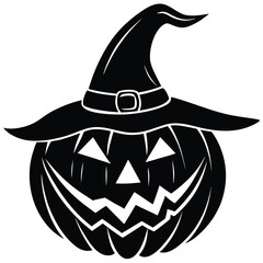 Pure black vector illustration featuring a spooky jack-o'-lantern with a pointed