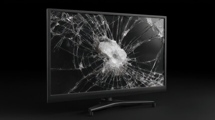 Broken flatscreen television with impact point and spider web cracks