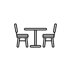 Fototapeta premium Simple black and white line art icon of a round table with two chairs