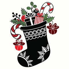 Pure black vector illustration of a traditional holiday sock with ribbon or star details, isolated on a white background.