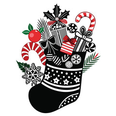 Pure black vector illustration of a traditional holiday sock with ribbon or star details, isolated on a white background.
