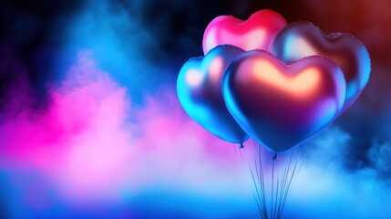 Fototapeta premium Bright heart-shaped balloons rise against a colorful mist backdrop, creating a festive atmosphere perfect for a celebration