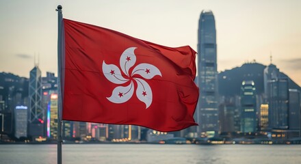 Hong Kong flag cityscape harbor view