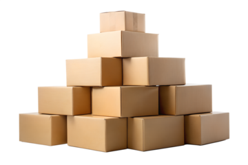 A towering stack of brown cardboard delivery boxes in a warehouse