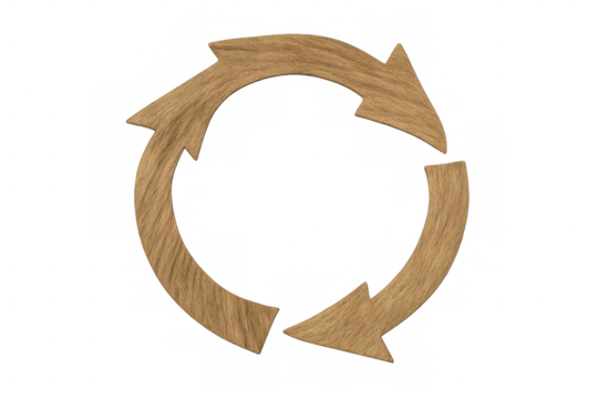 Wooden arrows forming rotating circular pattern, representing circular economy concept on transparent surface