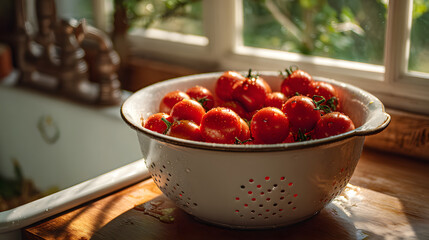 A white ceramic colander filled with rinsed cherry tomatoes