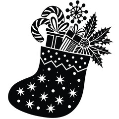 Pure black vector illustration of a traditional holiday sock with ribbon or star details, isolated on a white background.
