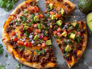 Taco pizza slice with melted cheese, salsa, and avocado chunks, top-down view
