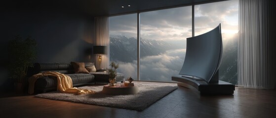 Modern living room with flexible curved smart tv and panoramic mountain view