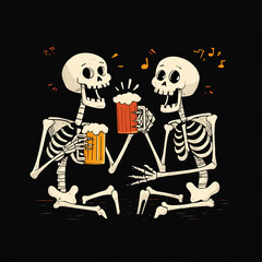 two skeletons Laughing while Drinking Beer, flat illustration style