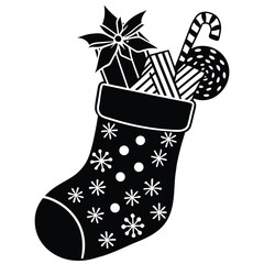 Pure black vector illustration of a traditional holiday sock with ribbon or star details, isolated on a white background.