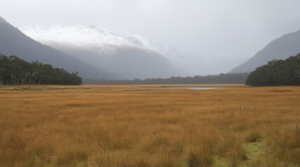 Misty mountain valley, golden grasslands