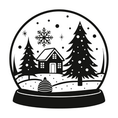 Pure black vector illustration showing a cozy winter cabin next to a decorated pine tree, both enclosed within a snow globe outline, with small snowflake details. Isolated on a white background