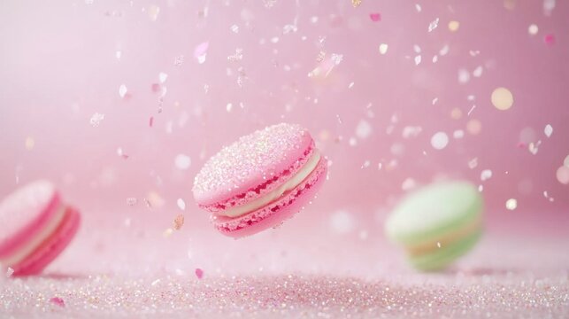 Colorful macarons surrounded by sparkling confetti in a festive setting