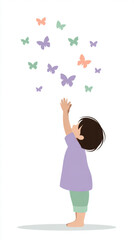 Fototapeta premium Young asian child reaching for colorful butterflies illustration