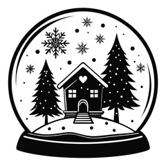 Pure black vector illustration showing a cozy winter cabin next to a decorated pine tree, both enclosed within a snow globe outline, with small snowflake details. Isolated on a white background