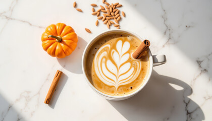 Pumpkin spice latte with cinnamon stick and pumpkin on marble table  