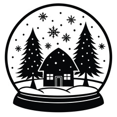 Pure black vector illustration showing a cozy winter cabin next to a decorated pine tree, both enclosed within a snow globe outline, with small snowflake details. Isolated on a white background