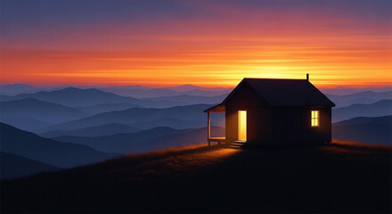 A lone cabin glows warmly against a breathtaking sunset over a vast mountain range.