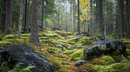 Misty forest path, moss-covered rocks
