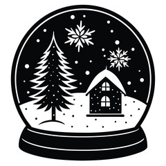 Pure black vector illustration showing a cozy winter cabin next to a decorated pine tree, both enclosed within a snow globe outline, with small snowflake details. Isolated on a white background