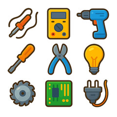 Flat icon set of construction and repair tools including wrench, screwdriver, pliers, and gears for maintenance work