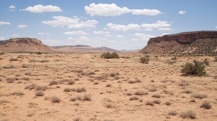 Naklejka premium Desert landscape with low scrub, mesas, and a clear sky