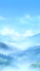 Fototapeta premium Misty mountain landscape, serene sky, peaceful scene, ideal for travel brochure