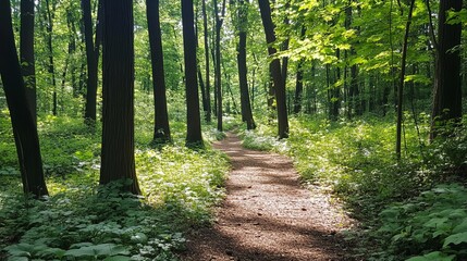 Sunlit forest path winding through dense trees