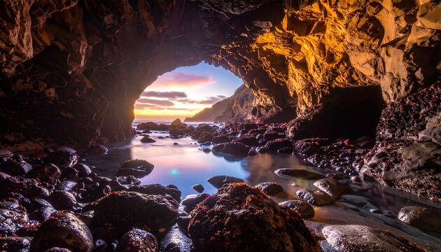 Sea Cave Interior at Sunset with Rock Formations and Water Reflection