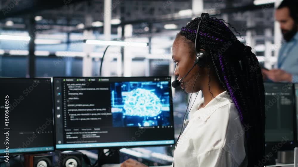 Poster data center computer scientist using ai assistant to provide user technical support. african america