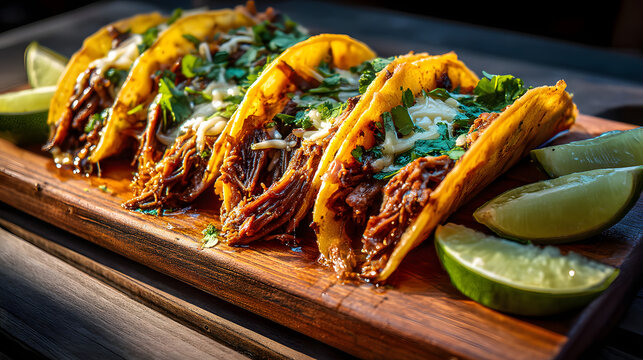 Birria tacos on rustic wooden board
